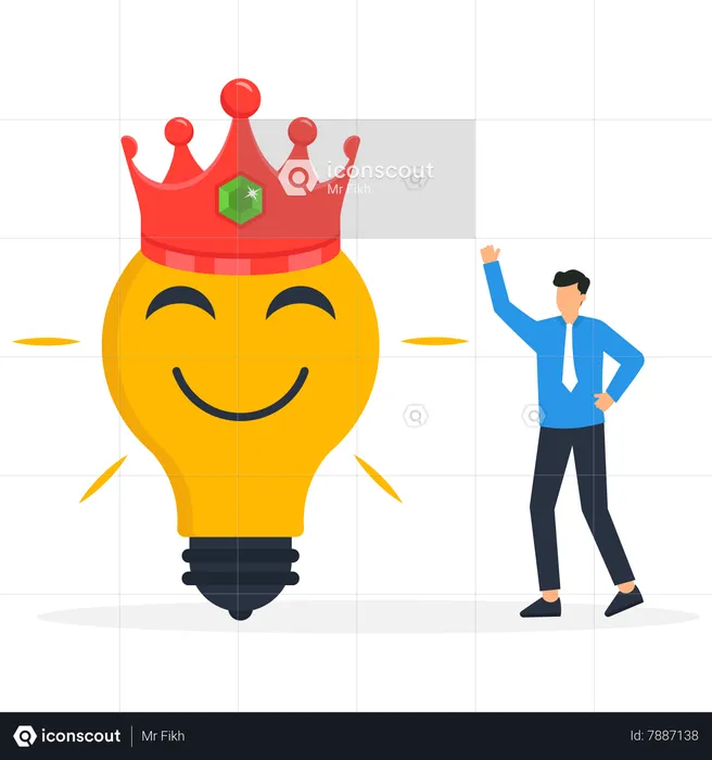 Homme d'affaires avec une idée d'ampoule souriante avec des ondes positives autour  Illustration