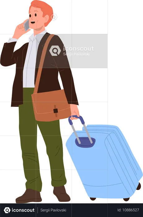 Homme d'affaires avec valise de bagages touristiques parlant au téléphone en réservant un numéro d'hôtel  Illustration