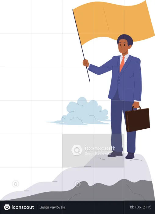 Personnage d'homme d'affaires célibataire et prospère avec drapeau et mallette debout au sommet du mont  Illustration