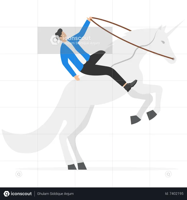 Homme d'affaires chevauchant une licorne en regardant l'objectif commercial  Illustration