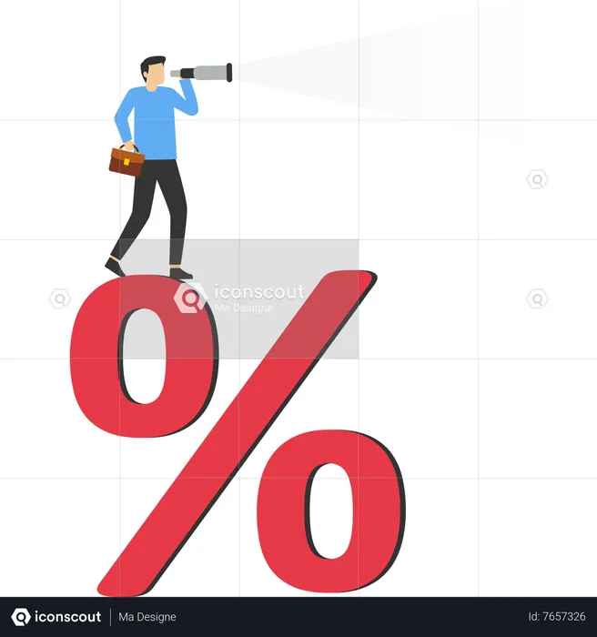 Homme d'affaires confiant debout sur un signe de pourcentage regardant la vision dans le télescope  Illustration