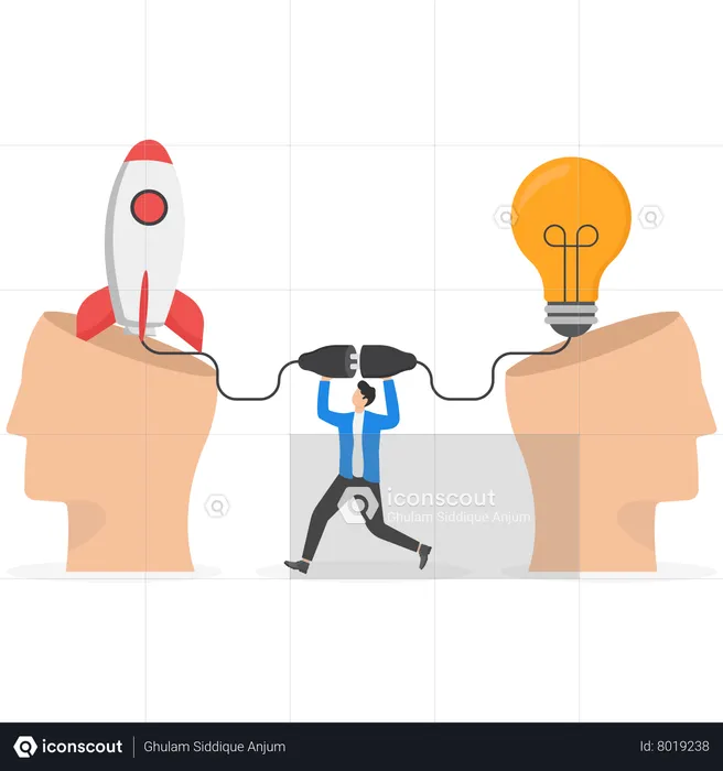 Homme d'affaires connectant une ampoule à une fusée  Illustration