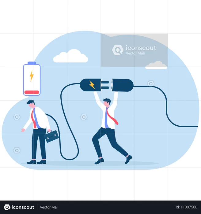 Homme d'affaires connecte la prise électrique à la source d'alimentation pour recharger la batterie faible homme d'affaires travailleur épuisé  Illustration