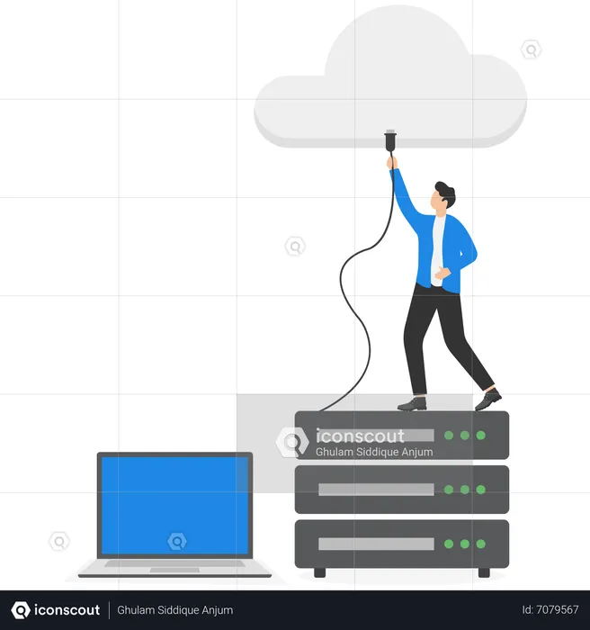 Un homme d'affaires connecte les serveurs de stockage au cloud  Illustration