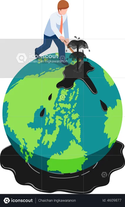 Homme d'affaires creusant du pétrole sur le globe terrestre  Illustration