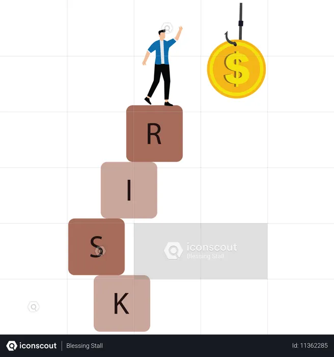 Un homme d'affaires debout sur des piles de boîtes à risques pour obtenir une récompense  Illustration