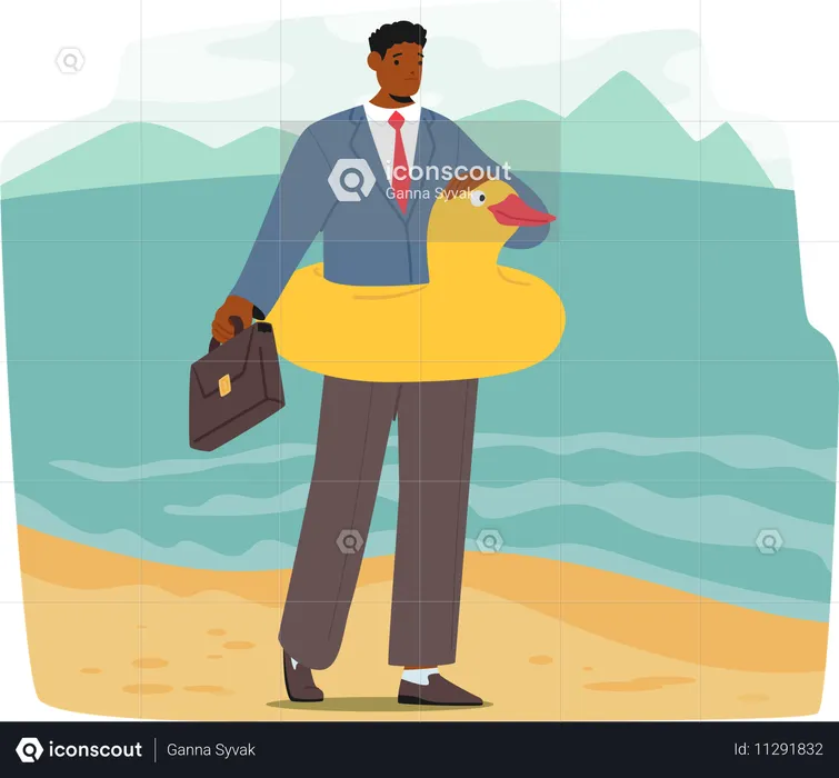 Homme d'affaires debout sur la plage avec une mallette et un canard en caoutchouc  Illustration