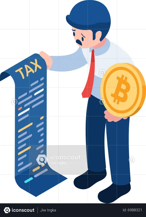 Homme d'affaires détenant Bitcoin et document fiscal  Illustration