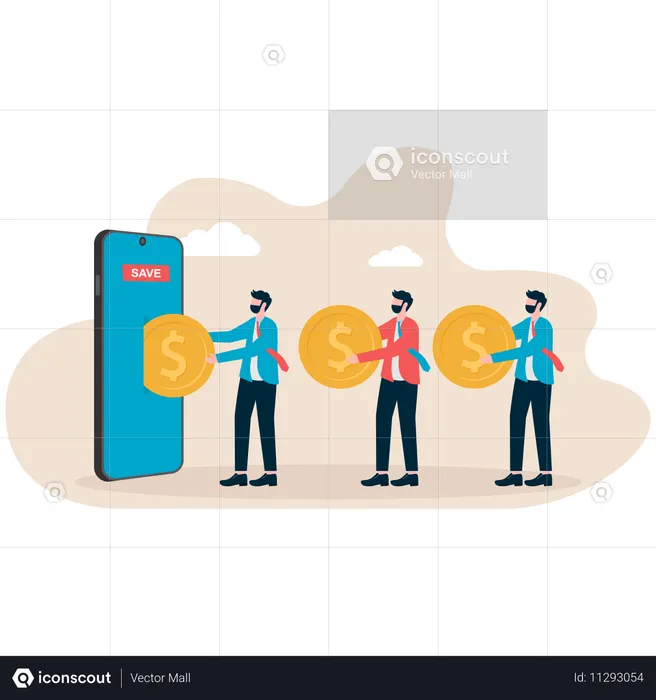 Homme d'affaires effectuant des économies en ligne sur son téléphone avec une connexion Internet cloud  Illustration