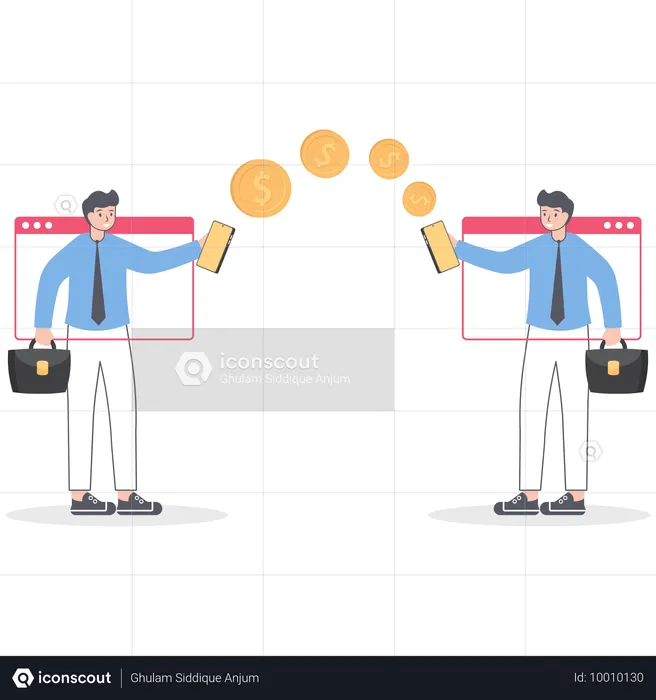 Homme d'affaires effectuant un transfert d'argent du portefeuille au smartphone  Illustration