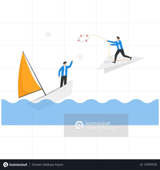 Un homme d'affaires en costume lance une bouée de sauvetage depuis un avion en papier  Illustration