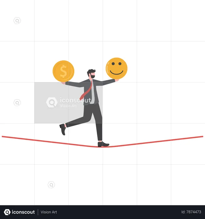Homme d'affaires en équilibre entre l'argent et le bonheur  Illustration