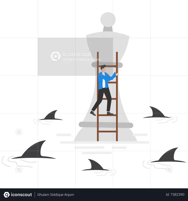 Un homme d'affaires grimpe une pièce d'échecs pour survivre dans une situation de crise et est entouré de requins  Illustration