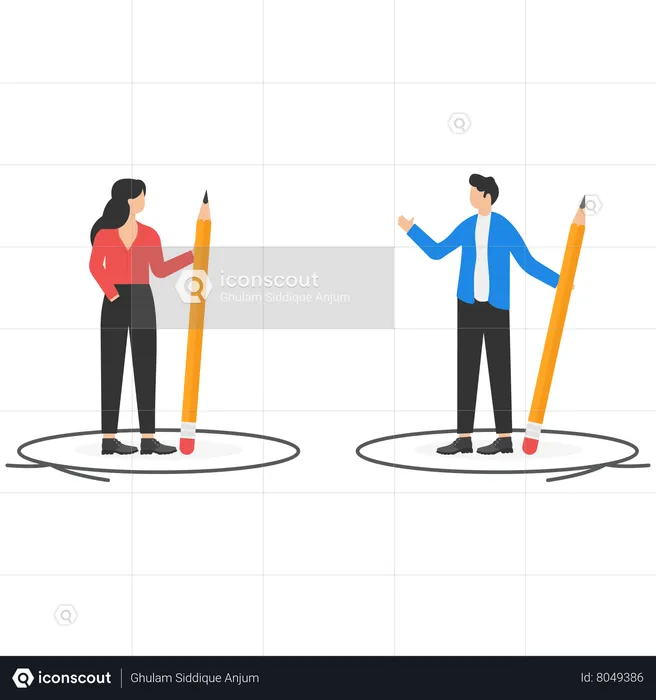 L'homme d'affaires et la femme gardent leurs distances en dessinant un cercle  Illustration