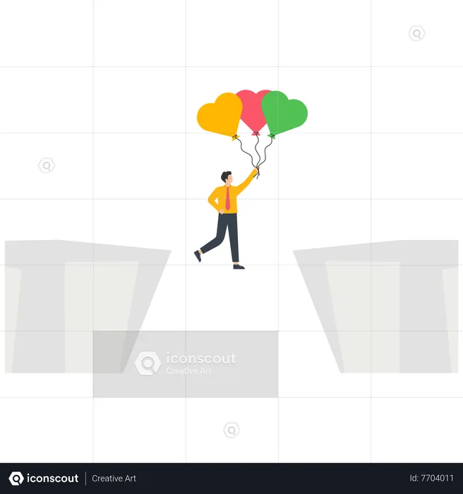 Homme d'affaires flottant entre une falaise par ballon coeur  Illustration