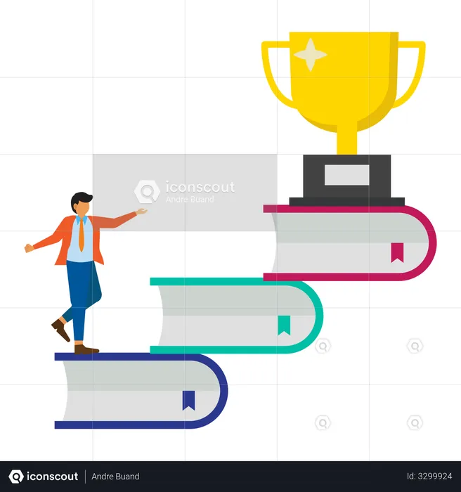 Un homme d'affaires grimpe sur des livres pour obtenir des trophées  Illustration