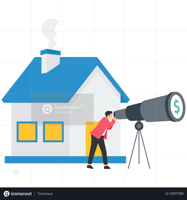 Investisseur d'affaires avec télescope pour voir la vision de la propriété immobilière  Illustration