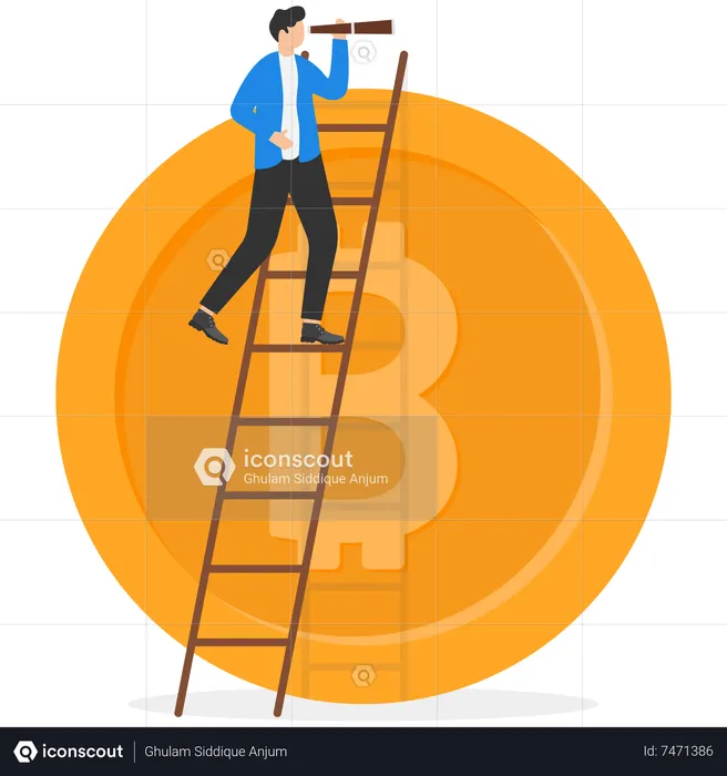 Un investisseur d'affaires grimpe sur l'échelle au sommet du Bitcoin à l'aide d'un télescope à longue-vue pour voir l'opportunité  Illustration