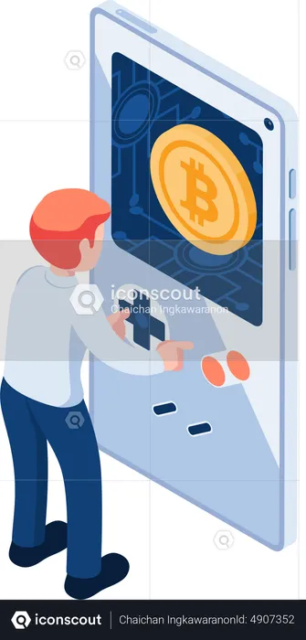 Homme d'affaires jouant à des jeux sur smartphone et gagner du Bitcoin  Illustration