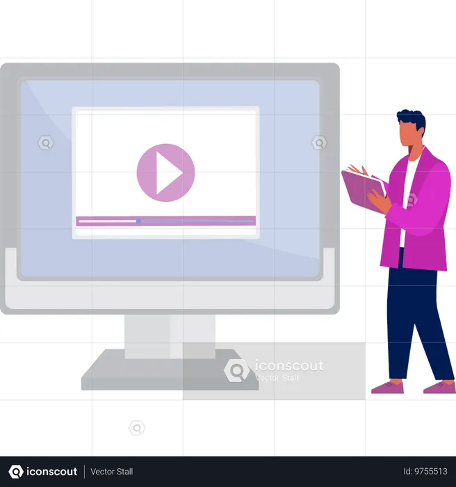Un homme d'affaires lit une vidéo à l'écran via son onglet  Illustration
