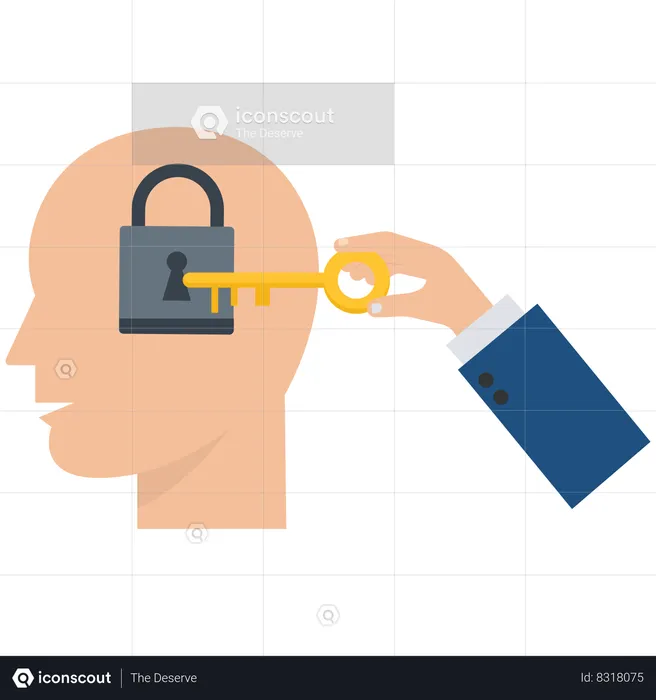 Main d'homme d'affaires tenant la clé secrète pour débloquer des idées sur la tête humaine  Illustration