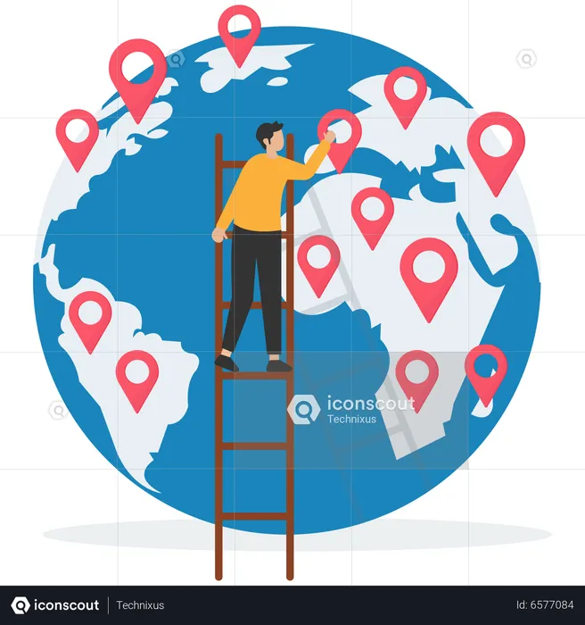 Un homme d'affaires a placé une nouvelle épingle de branche sur la carte du monde à travers le monde  Illustration