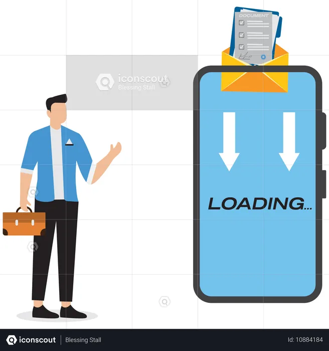 Homme d'affaires montrant le chargement du courrier sur un mobile  Illustration