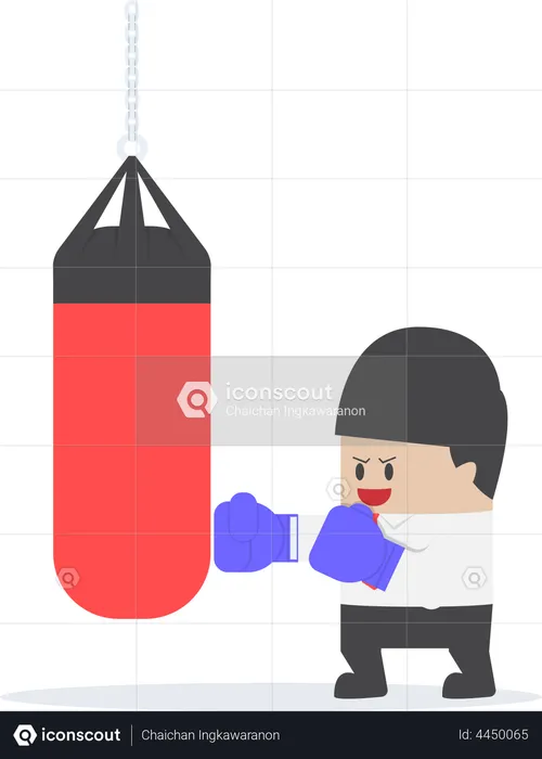 Homme d'affaires portant des gants de boxe et poinçonnant le sac de boxe  Illustration