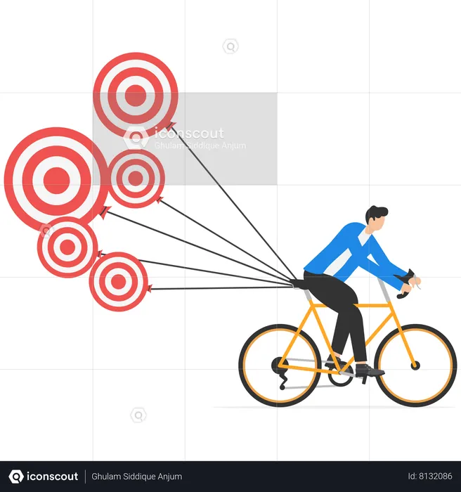 L'homme d'affaires porte plusieurs objectifs à vélo  Illustration