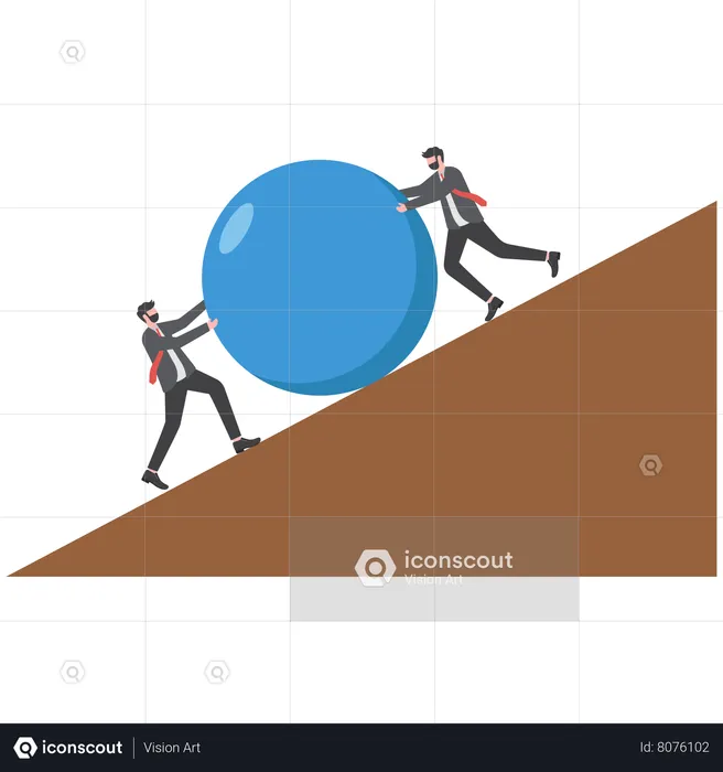 Un homme d'affaires porte une grosse boule bleue et gravit la montagne  Illustration