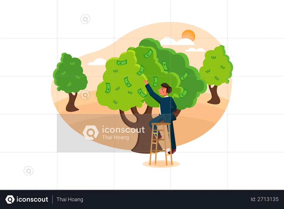 Homme d'affaires prenant l'argent de l'arbre d'argent  Illustration