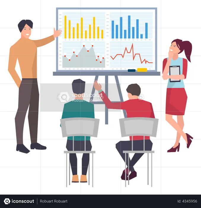 Homme d'affaires présentant des analyses commerciales aux employés  Illustration