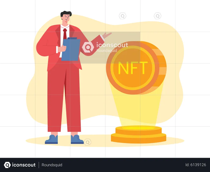 Homme d'affaires présentant la technologie NFT  Illustration