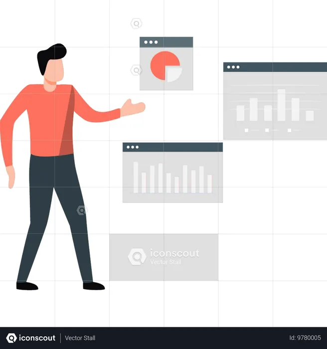 Homme d'affaires présentant un diagramme circulaire et des diagrammes  Illustration