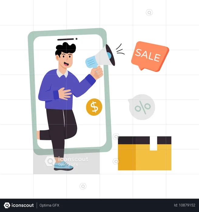 Homme d'affaires faisant la promotion des annonces de vente  Illustration