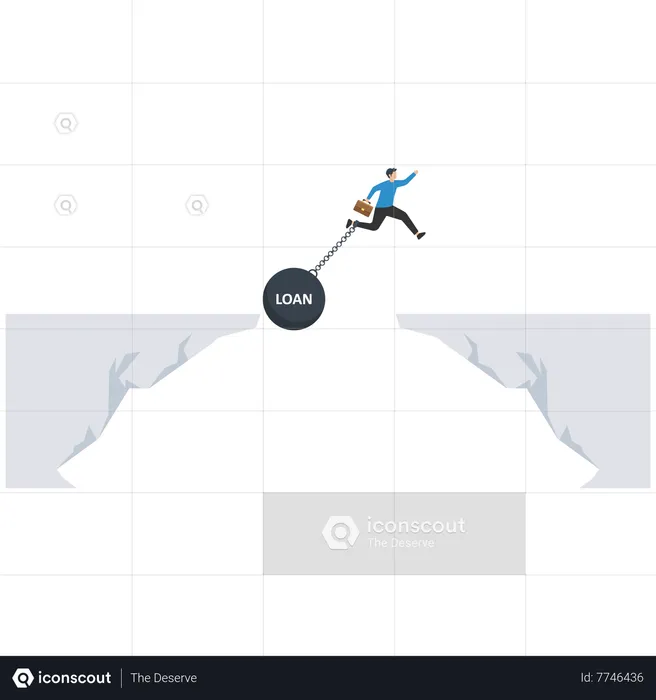 Un homme d'affaires saute par-dessus un ravin avec les pieds enchaînés à une boule de fer  Illustration