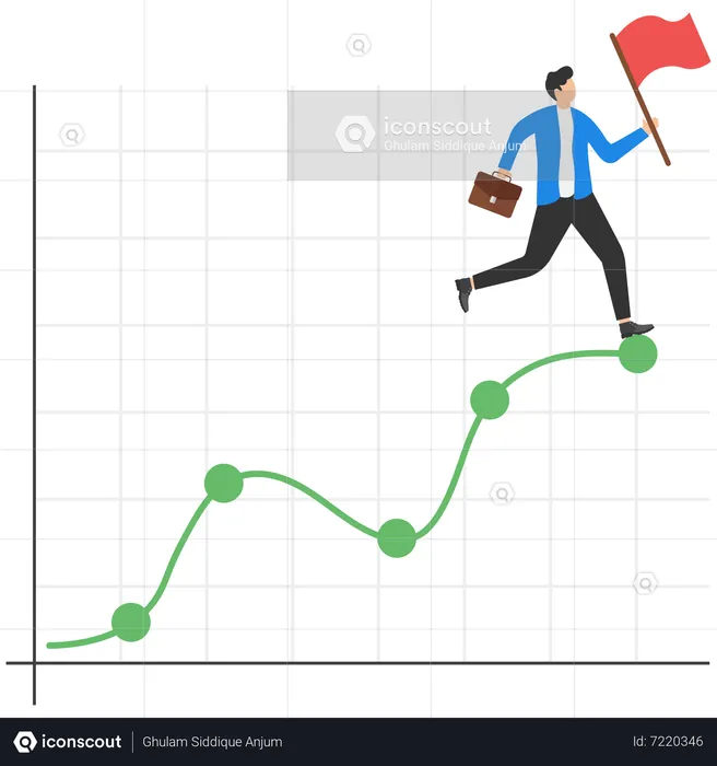 Homme d'affaires tenant le drapeau de réussite en haut du graphique  Illustration