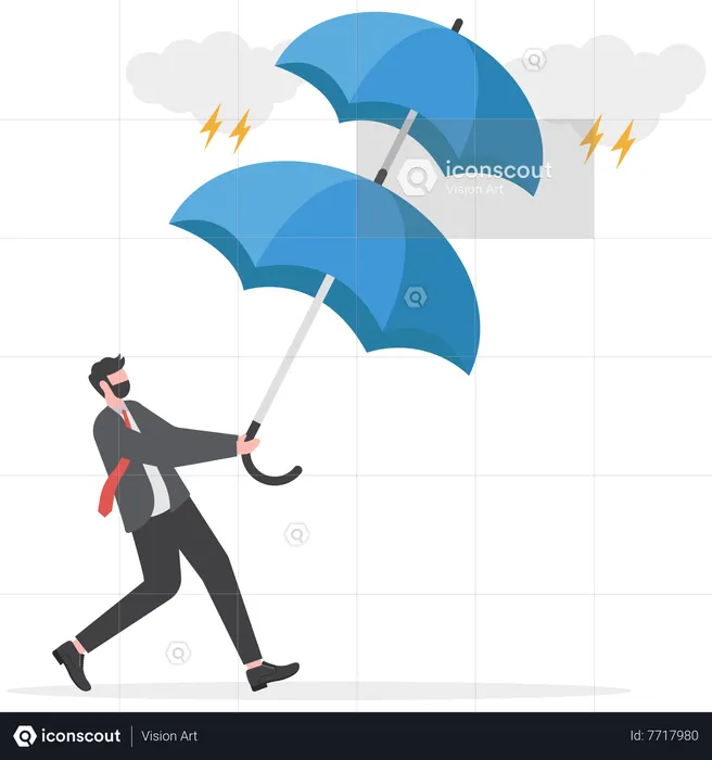 Homme d'affaires tenant un parapluie double couche pour se protéger contre la tempête  Illustration