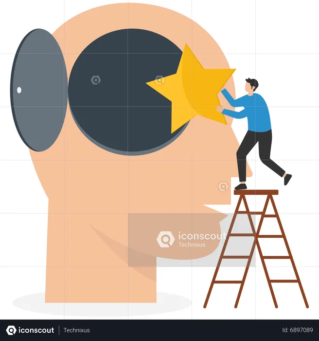 Un homme d'affaires détenant une étoile grimpe sur une échelle pour la mettre dans le cerveau du consommateur  Illustration