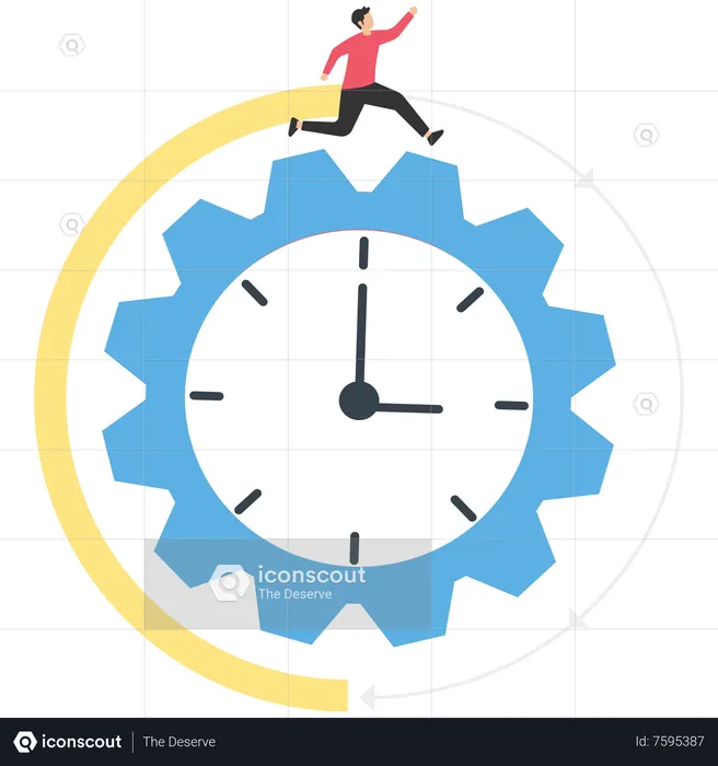 Homme d'affaires tenant une valise sautant sur les aiguilles de l'horloge, métaphore de la gestion du temps  Illustration