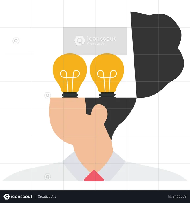 L'homme d'affaires tient l'entonnoir dans les deux mains pour filtrer l'ampoule créative dans sa tête  Illustration