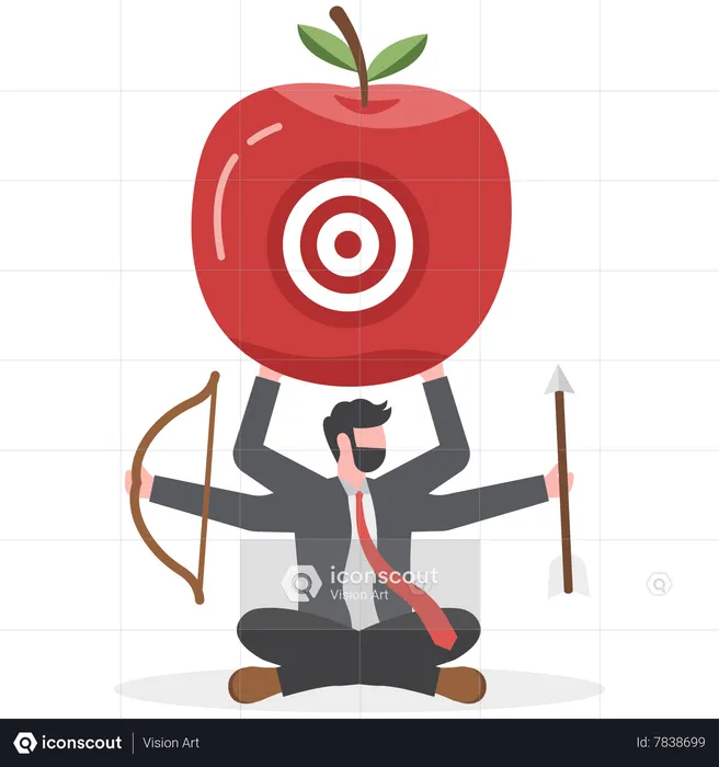 Homme d'affaires tir à l'arc tenant la flèche et l'arc méditer et se concentrer sur la cible bullseye au centre de la pomme  Illustration