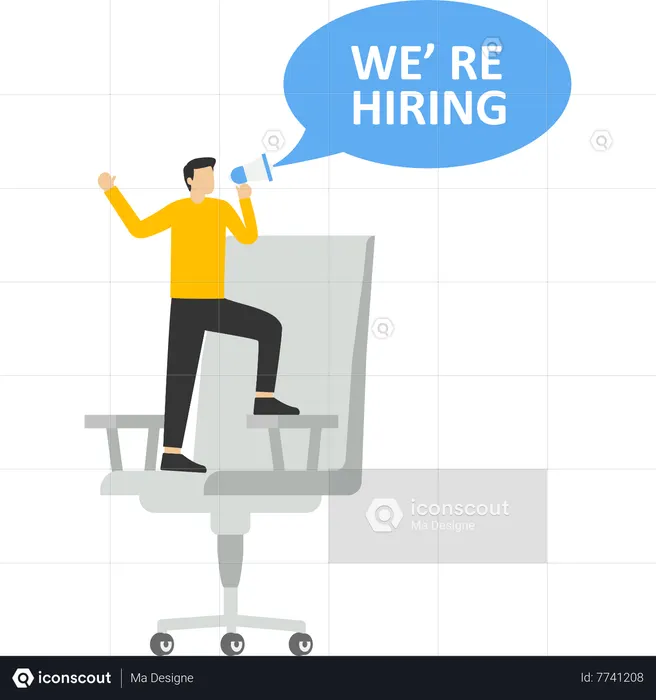 Homme d'affaires utilisant un mégaphone avec le texte que nous recrutons  Illustration