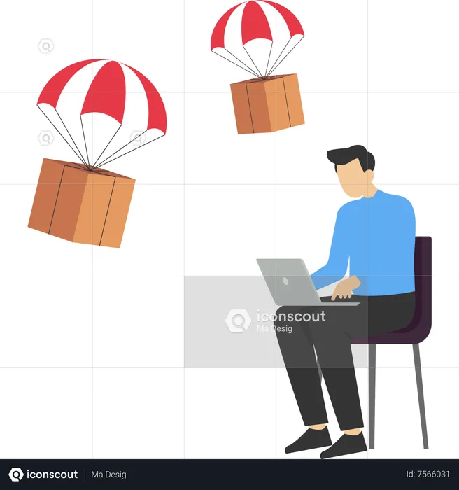 Homme d'affaires utilisant un ordinateur avec livraison de colis en parachute volant  Illustration