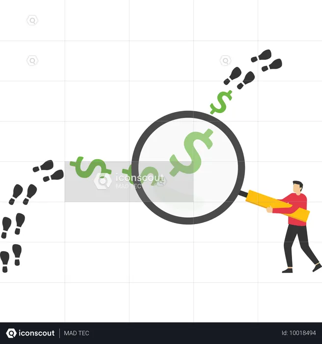 Un homme d'affaires utilisant une énorme loupe analyse la trace des empreintes avec le signe dollar  Illustration