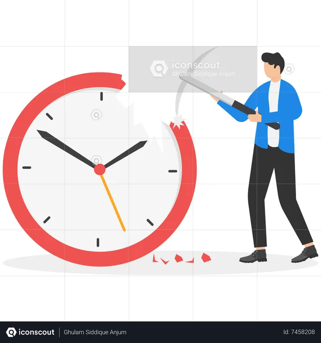 Homme d'affaires utilisant une hache pour briser l'horloge afin de gérer le temps nécessaire pour respecter la date limite des projets.  Illustration