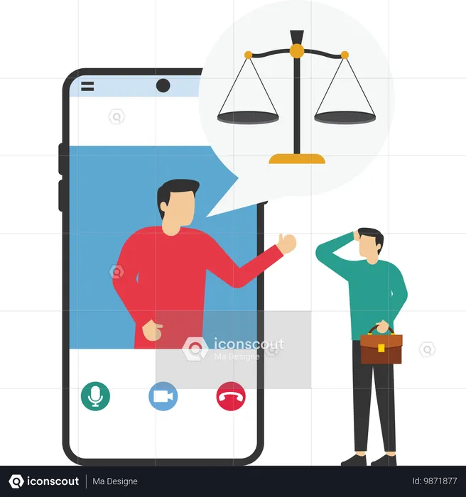 Un homme d'affaires utilise un smartphone pour consulter un avocat  Illustration