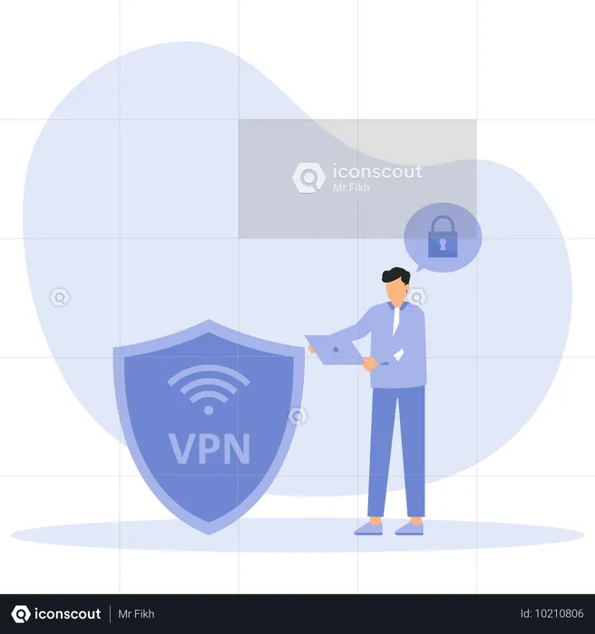 Homme d'affaires vérifiant la sécurité du VPN  Illustration