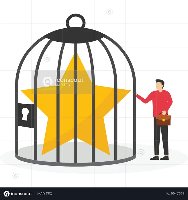 Un homme d'affaires enferme des étoiles dans une cage  Illustration