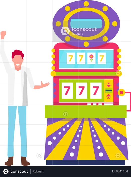 Homme au casino, joueur par machine à sous avec 777  Illustration